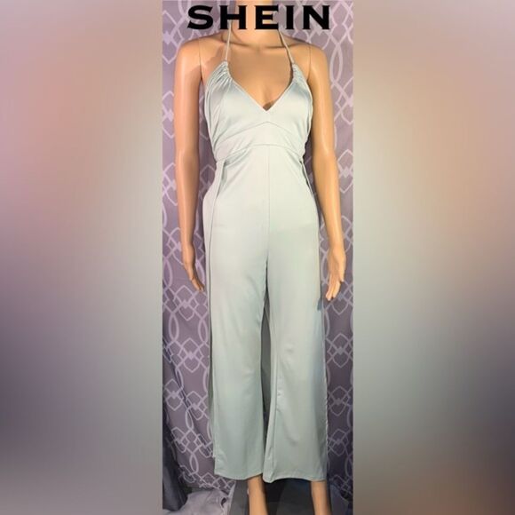 🔴SHEIN 3XL Sage Green Halter Jumpsuit with Split Leg EUC measurements in pics - Picture 2 of 8